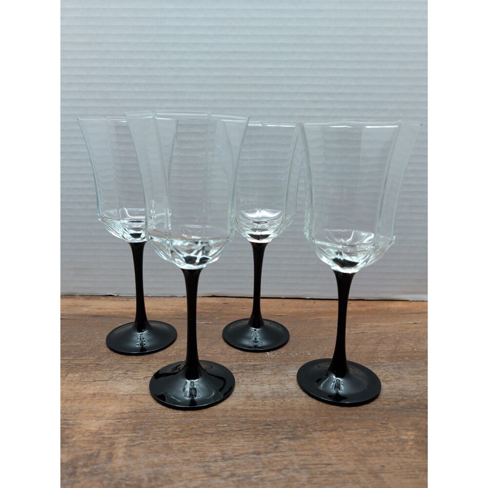 Set Of 4 Arcoroc Luminarc France Black Stem Octime Wine Goblets 8” Glass Octagon
